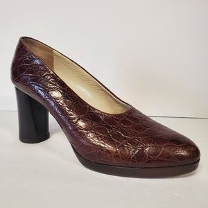 Joan Helpern Italy vtg brown leather textured crocodile pump high heel Shoes 8